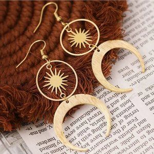 Yellow Gold Boho Crescent Moon Suspended Star Dangle Earrings